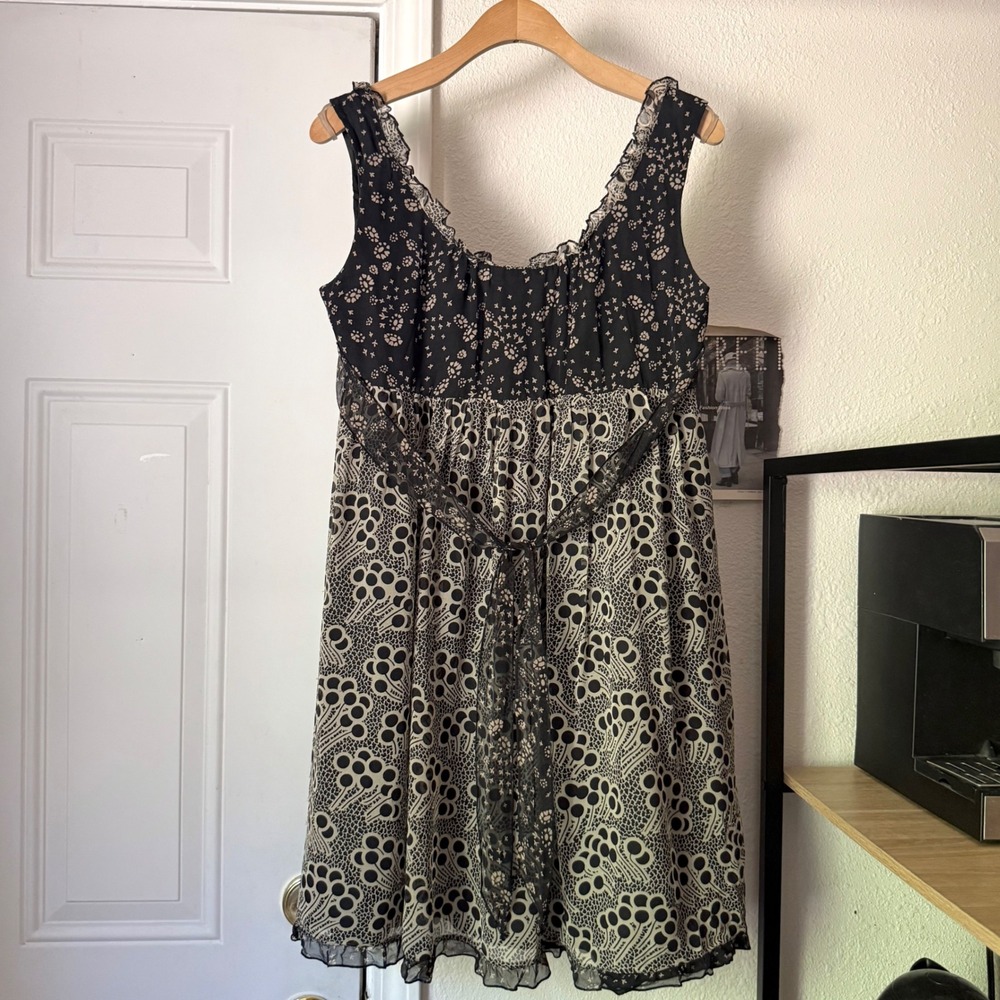 ANNA SUI x Anthropologie black tan silk vintage babydoll ruffle sheer mini dress